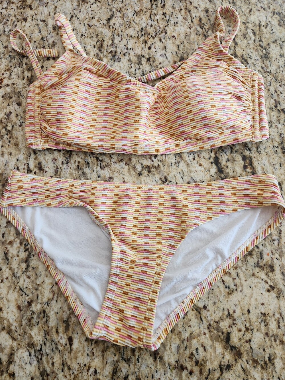 Kona Sol Yellow Pink Stripe Bikini Set, Top D/DD Bottom Small